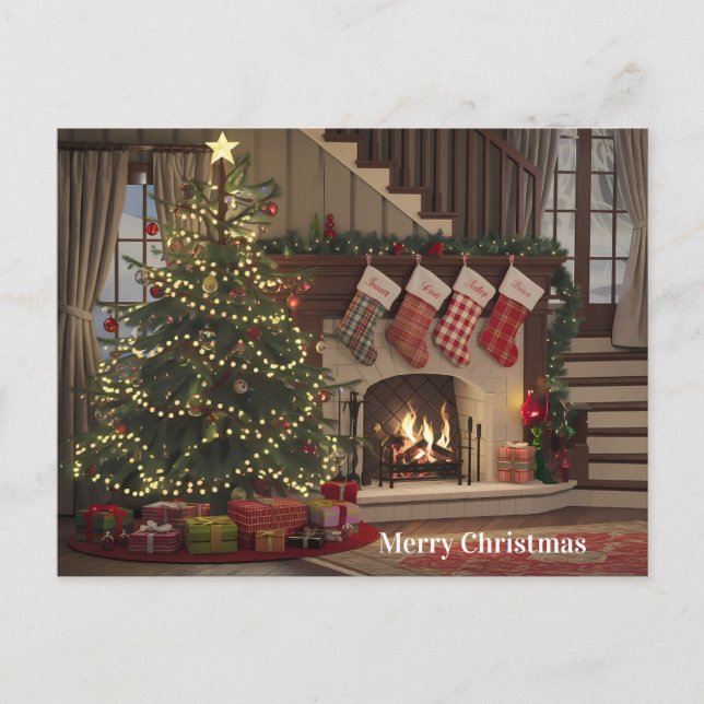 Cosy Christmas Eve by the Fireplace Stockings Postcard (Front)