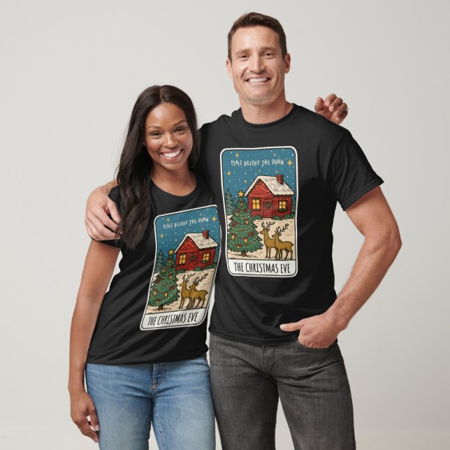Cosy Christmas Eve Scene Cabin, Reindeer & Tree T-Shirt (Unisex)