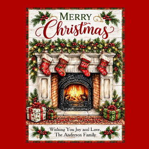 Cosy Christmas Fireplace and Stockings  Holiday Card