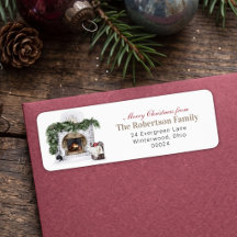 Cosy Christmas Fireplace Watercolor Family Name