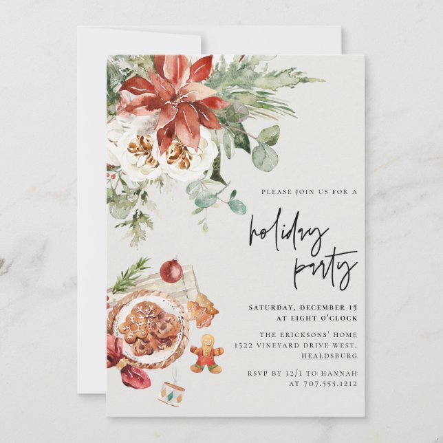 Cosy Christmas Floral & Cookies Holiday Party Invitation (Front)
