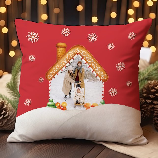 Cosy Christmas Gingerbread House Photo Holiday Cushion (Cozy Christmas Gingerbread House Photo Holiday Throw Pillow)