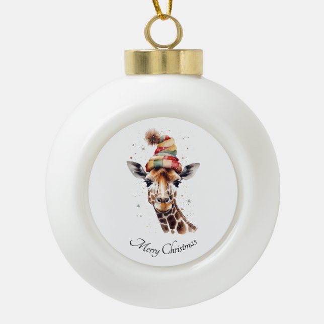 Cosy Christmas Giraffe, custom Ceramic Ball Christmas Ornament (Front)