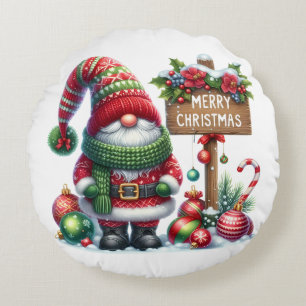 Cosy Christmas Gnome Art – Festive Holiday Round Cushion