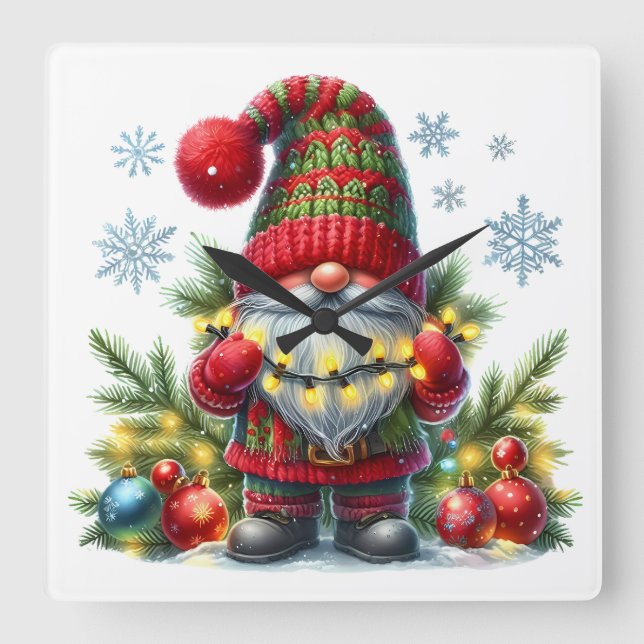 Cosy Christmas Gnome Art – Festive Holiday Square Wall Clock (Front)