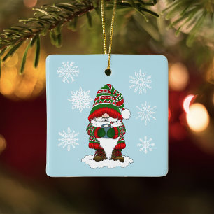 Cosy Christmas Gnome Red Green Winter Cute  Ceramic Ornament