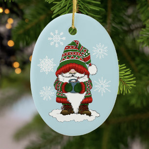 Cosy Christmas Gnome Red Green Winter Cute Ceramic Ornament