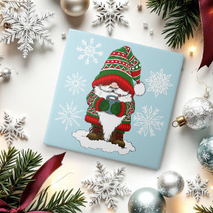 Cosy Christmas Gnome Red Green Winter Cute Ceramic Tile