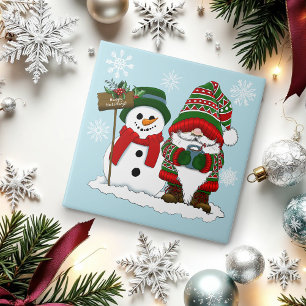 Cosy Christmas Gnome Snowman Winter Holiday Cute Ceramic Tile
