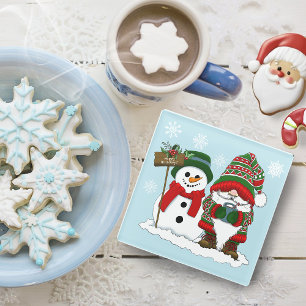 Cosy Christmas Gnome Snowman Winter Holiday Cute Glass Coaster