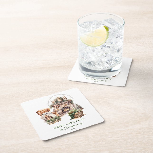 Cosy Christmas holiday Personalised Square Paper Coaster (Insitu)