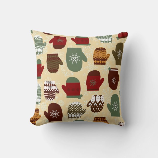 Cosy Christmas Holiday Winter Mittens Throw Pillow (Front)