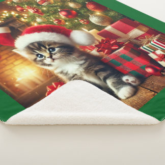 Cosy Christmas Kitten large Sherpa Blanket