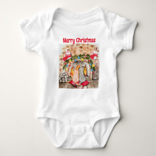 Cosy Christmas mantel with dog and cat Baby Bodysuit
