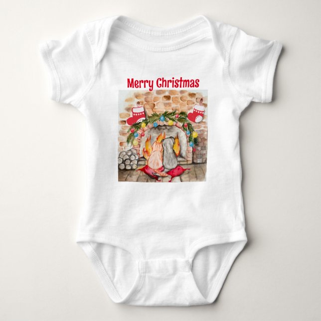 Cosy Christmas mantel with dog and cat Baby Bodysuit (Front)