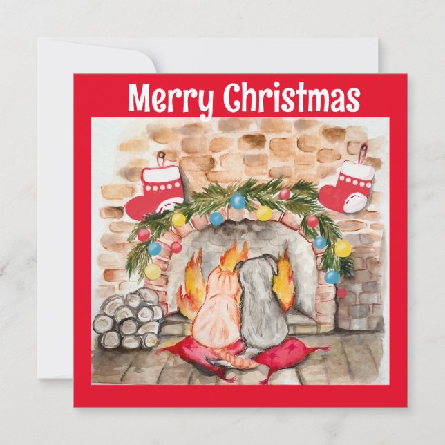 Cosy Christmas mantel with dog and cat Invitation (Front)