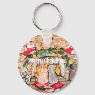 Cosy Christmas mantel with dog and cat Key Ring