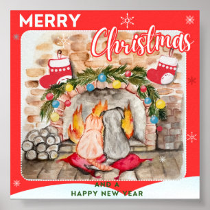 Cosy Christmas mantel with dog and cat Poster