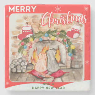 Cosy Christmas mantel with dog and cat Stone Coaster