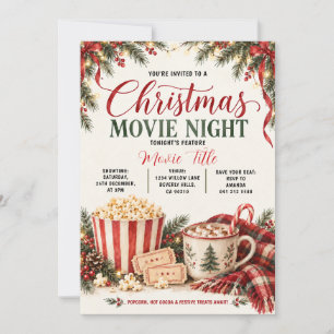 Cosy Christmas Movie Night Popcorn & Cocoa Red Bow Invitation