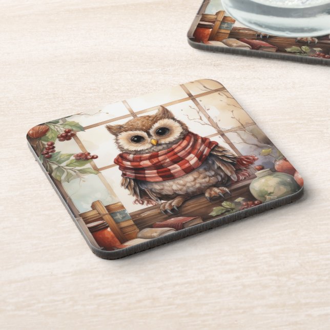 Cosy Christmas Owl Heartwarming Winter Cute Owl Coaster (Left Side)