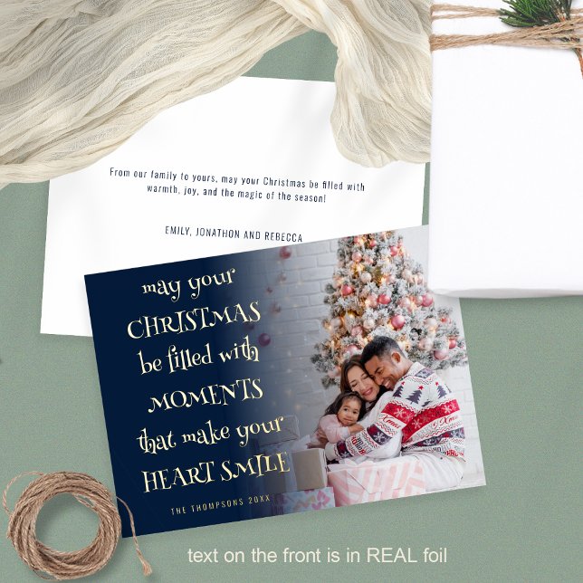 Cosy Christmas Quote Photo Overlay Navy Foil Holiday Card (Front and back view. Luxury real foil printing for the text on the front)