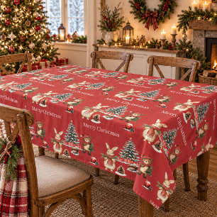Cosy Christmas Red Forest Animals Tablecloth