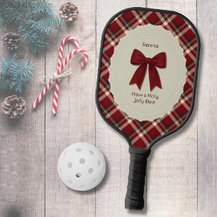 Cosy Christmas Red Plaid and Bow Pickleball Paddle