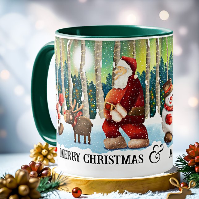 Cosy Christmas Santa Mug (Christmas mug featuring an illustration of Santa in the forest with friends reindeer and Snow Man)