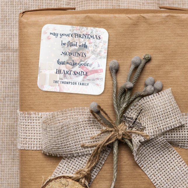 Cosy Christmas Saying Photo Overlay Name Square Sticker (Add an extra personal touch with a lovely quote, your name and favrite photo tinted in background)