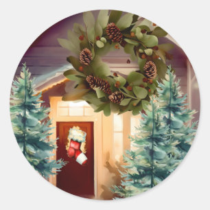 Cosy Christmas Scene Spruce Trees Classic Round Sticker