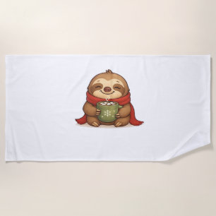 Cosy Christmas Sloth with Hot Chocolate – Cute Win Beach Towel