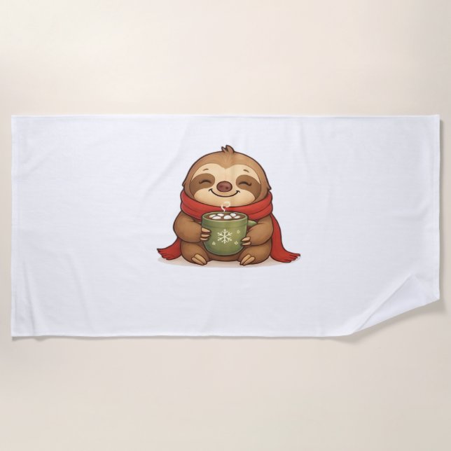 Cosy Christmas Sloth with Hot Chocolate – Cute Win Beach Towel (Front)