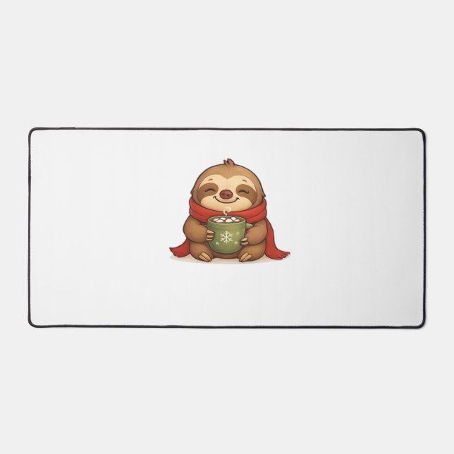 Cosy Christmas Sloth with Hot Chocolate – Cute Win Desk Mat (Front)