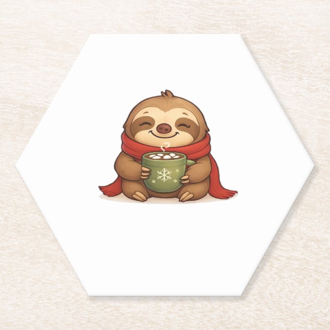 Cosy Christmas Sloth with Hot Chocolate � Cute Win Paper Coaster (Front)