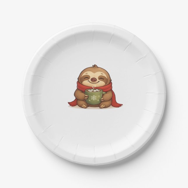 Cosy Christmas Sloth with Hot Chocolate � Cute Win Paper Plate (Front)