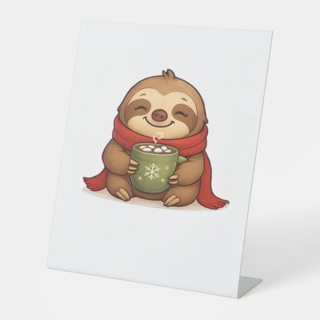 Cosy Christmas Sloth with Hot Chocolate � Cute Win Pedestal Sign (Front)