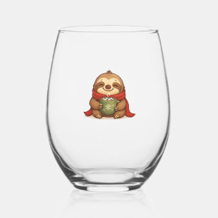 Cosy Christmas Sloth with Hot Chocolate � Cute Win Stemless Wine Glass