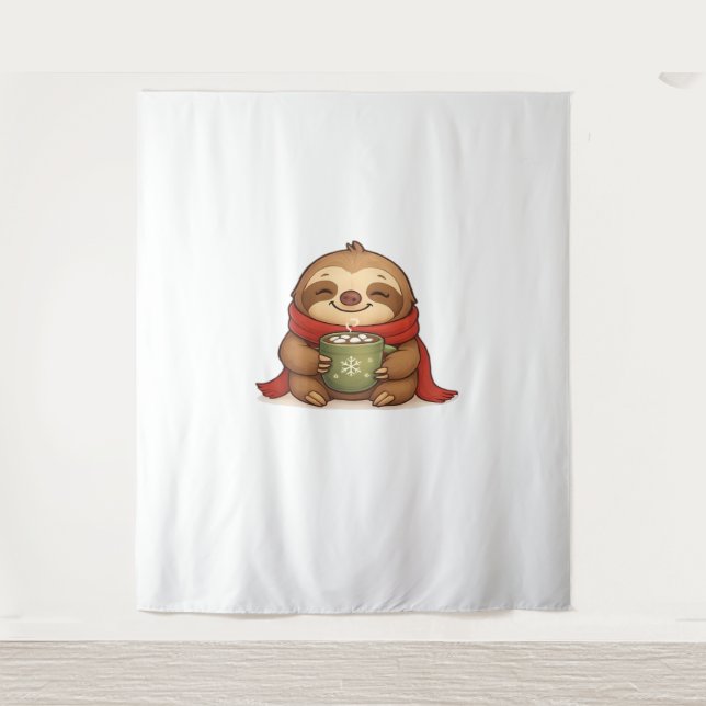 Cosy Christmas Sloth with Hot Chocolate – Cute Win Tapestry (Front)