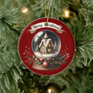 Cosy Christmas Snow Globe Cottage Scene Ceramic Ornament