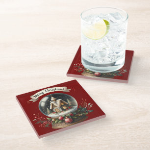 Cosy Christmas Snow Globe Cottage Scene Glass Coaster