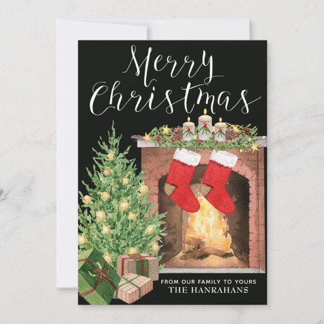 Cosy Christmas Tree Fireplace Custom Holiday Card (Front)