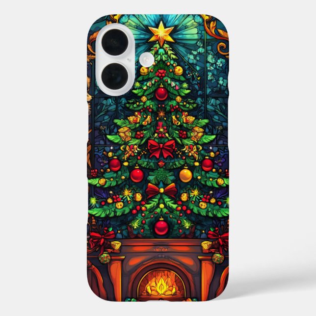 Cosy Christmas Tree Fireplace Stained Glass Art Case-Mate iPhone Case (Back)