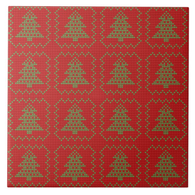 Cosy Christmas tree ugly sweater chequered pattern Ceramic Tile (Front)