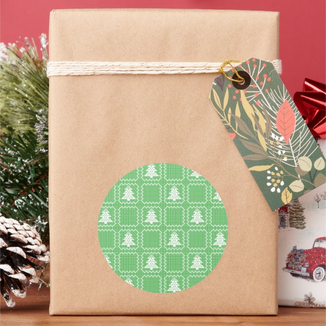 Cosy Christmas tree ugly sweater chequered pattern Classic Round Sticker (Holiday)