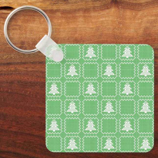 Cosy Christmas tree ugly sweater chequered pattern Key Ring (Front)