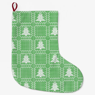 Cosy Christmas tree ugly sweater chequered pattern Large Christmas Stocking