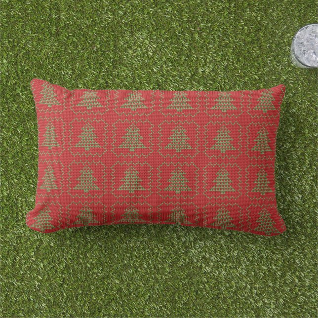 Cosy Christmas tree ugly sweater chequered pattern Lumbar Cushion (Grass)