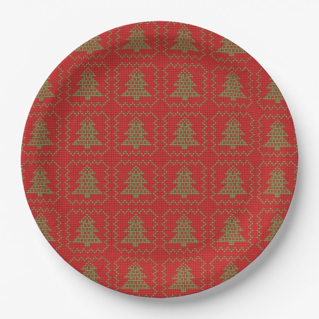 Cosy Christmas tree ugly sweater chequered pattern Paper Plate (Front)