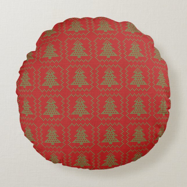 Cosy Christmas tree ugly sweater chequered pattern Round Cushion (Front)